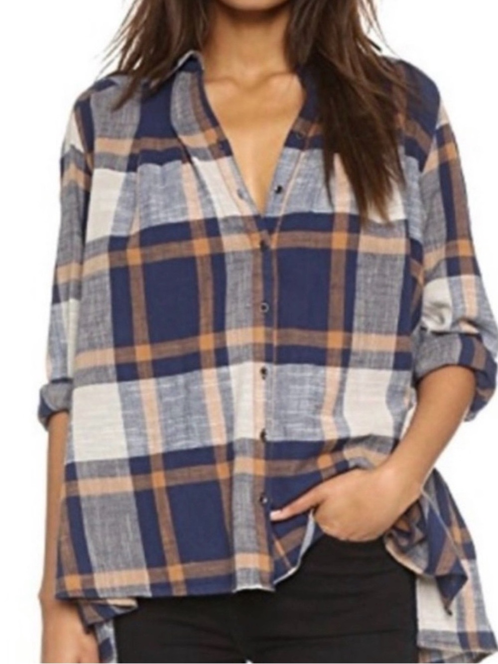Free People Navy and Tan Plaid Button-Down Tunic